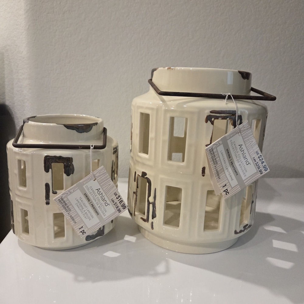 2 Ashland Spring Candle Collection White Ceramic Lanterns Rustic Farmhouse Set